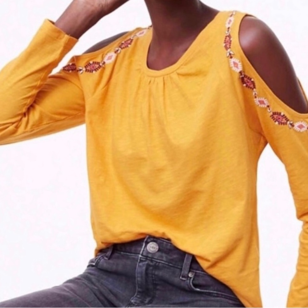 Ann Taylor Loft Cold Shoulder Long Sleeve Top Embroidered Tee Shirt